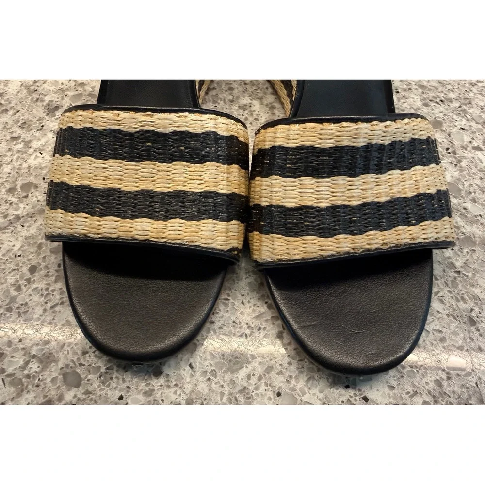 Kate Spade NY Linda Wedge Sandals Black Cream Striped Raffia & Leather Size 6.5M